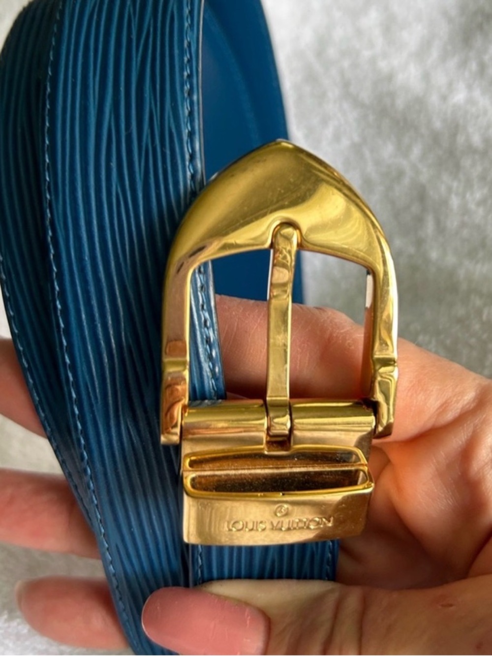 Louis Vuitton Light Blue Epi Leather Belt with Gold Logo Buckle